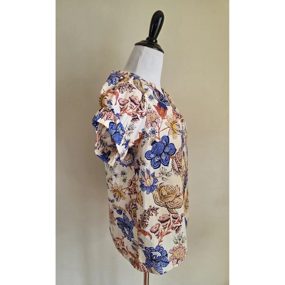 Ulla Johnson Naomi‎ Top Cotton Floral Cream Red Blue Ruched Sleeve Blouse Size 2